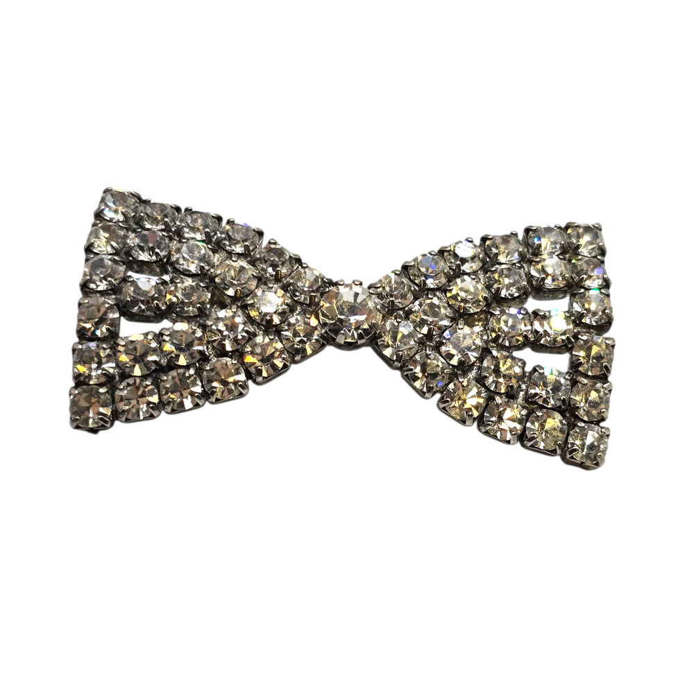Brooch Rhinestone Bow Pin Clear Crystal Silver Tone Sparkly SKU2396